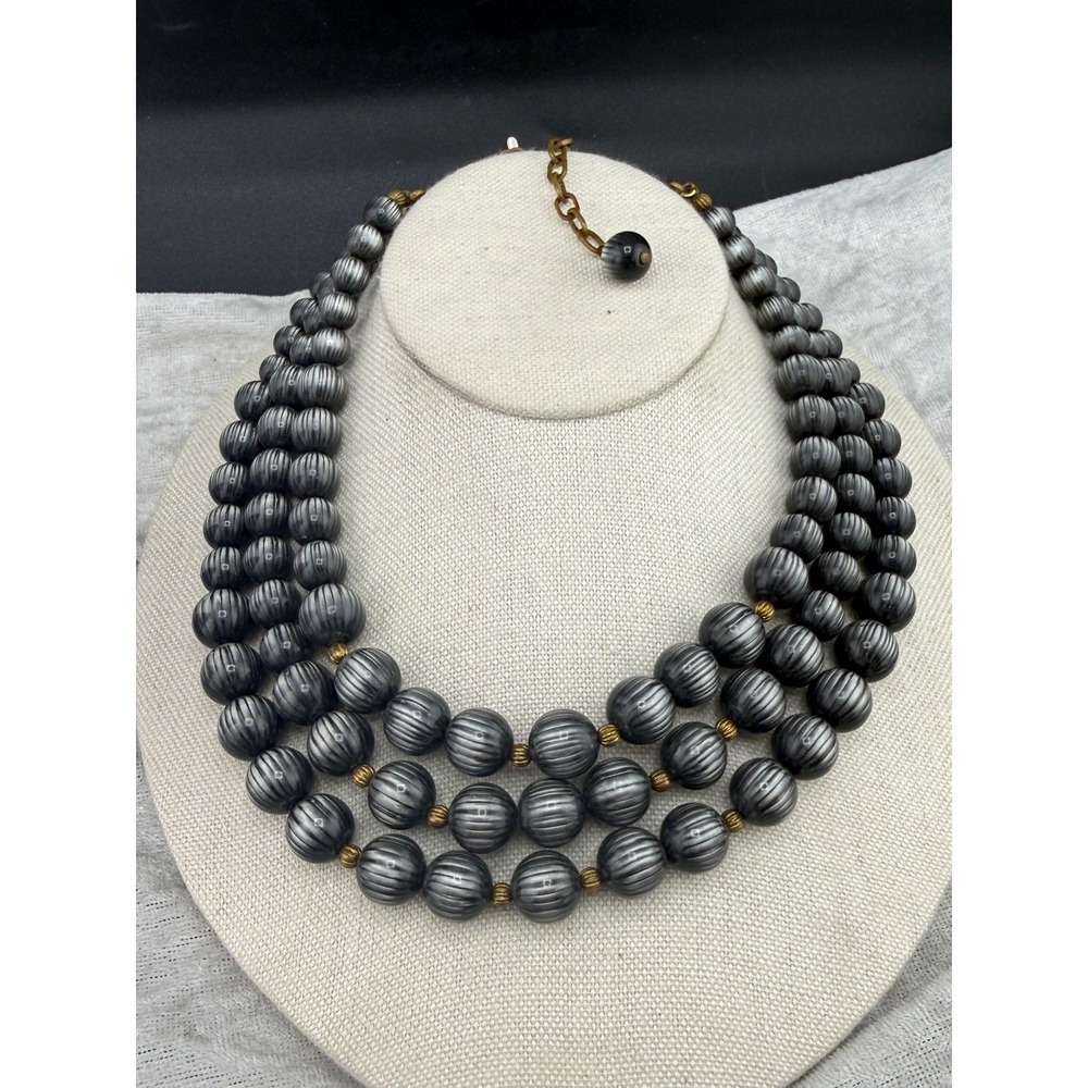 Vintage Estate Layered Beaded Necklace Grey Ribbed Melon Ball 15in